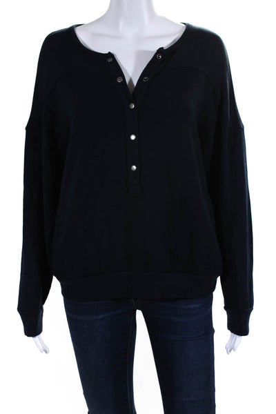 Stateside Womens Snapped Buttoned V-Neck Long Sleeve Pullover Top Navy Size M