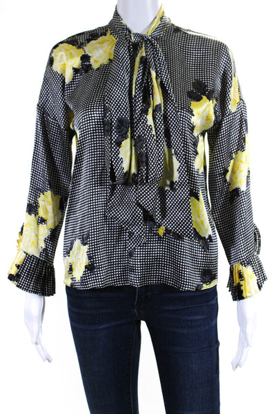 Ganni Womens Silk Floral Striped Print Tied Long Sleeve Blouse Black Size EUR34