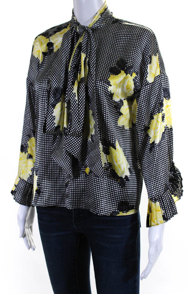 Ganni Womens Silk Floral Striped Print Tied Long Sleeve Blouse Black Size EUR34