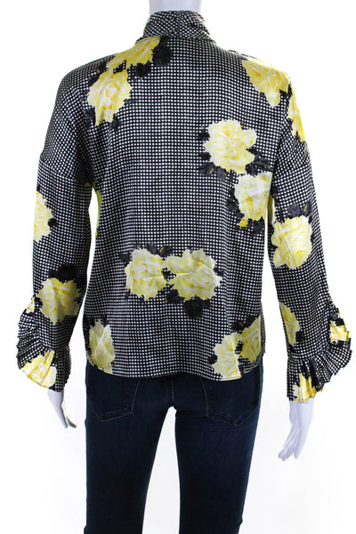 Ganni Womens Silk Floral Striped Print Tied Long Sleeve Blouse Black Size EUR34