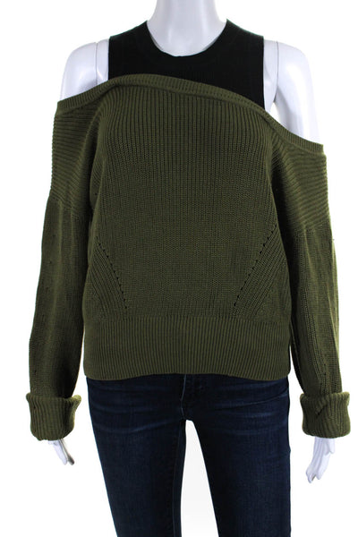 Veronica Beard Womens Cotton Cold Shoulder Long Sleeve Sweater Green Size M