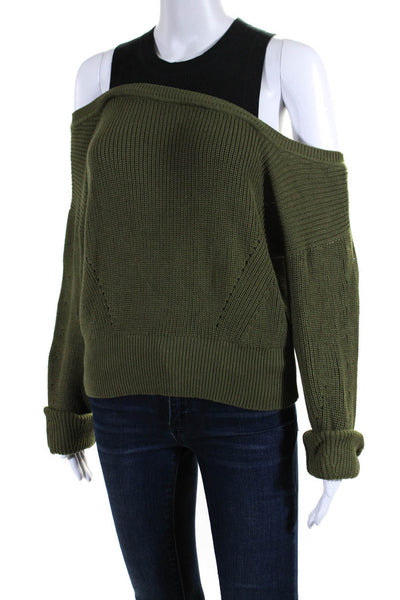 Veronica Beard Womens Cotton Cold Shoulder Long Sleeve Sweater Green Size M