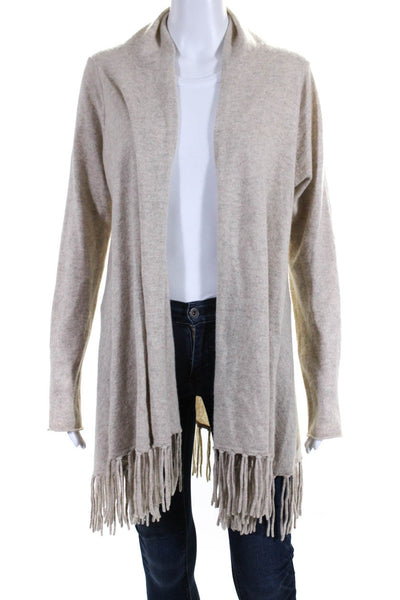 Kinross Womens Cashmere Open Front Long Sleeve Frayed Hem Cardigan Beige Size M