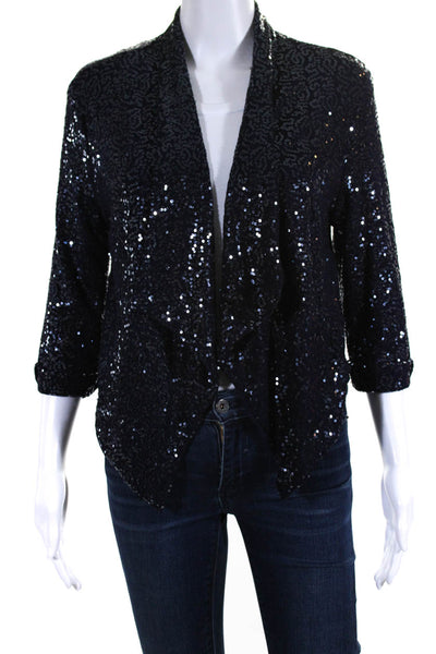 Ya Los Angeles Womens Cotton Sequined Textured Open Front Cardigan Blue Size M