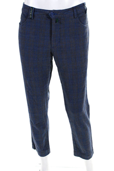 Chervo Mens Cotton Plaid Print Buttoned Flat Front Dress Pants Blue Size EUR46