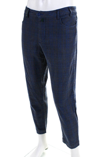 Chervo Mens Cotton Plaid Print Buttoned Flat Front Dress Pants Blue Size EUR46