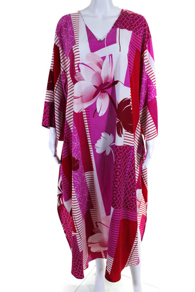 Natori Womens Abstract Color Block V Neck Midi Kaftan Dress Pink Red Size Large