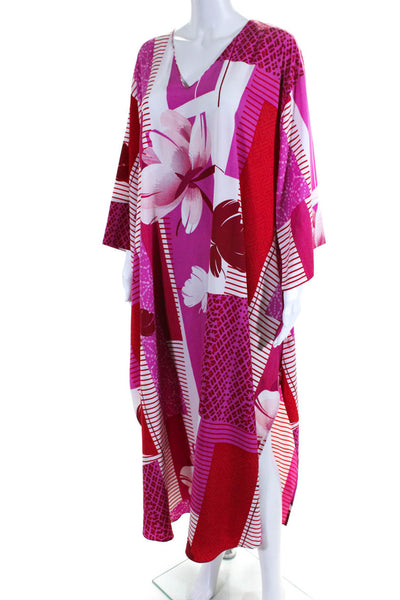 Natori Womens Abstract Color Block V Neck Midi Kaftan Dress Pink Red Size Large