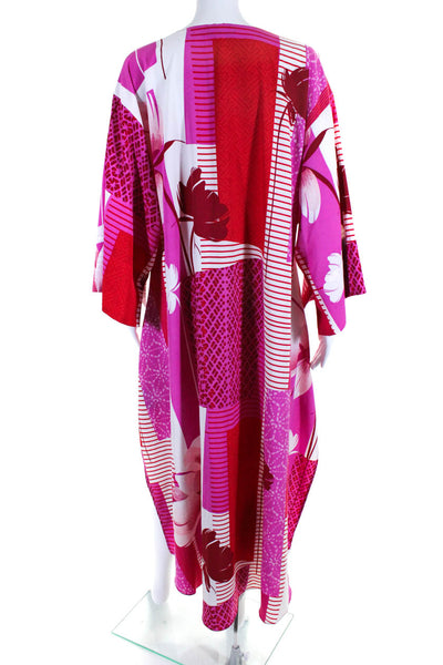 Natori Womens Abstract Color Block V Neck Midi Kaftan Dress Pink Red Size Large