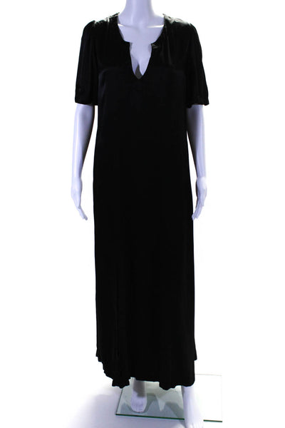 Raquel Allegra Womens Short Sleeve Satin Y Neck Slit Midi Dress Black Size 1