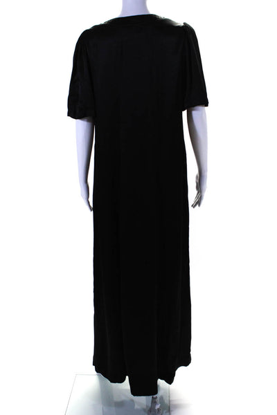 Raquel Allegra Womens Short Sleeve Satin Y Neck Slit Midi Dress Black Size 1