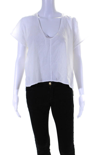 Sunny Womens Short Sleeve Woven V Neck Top Blouse White Cotton Size 1