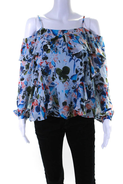 Tanya Taylor Womens Silk Floral Print Long Sleeve Ruffle Blouse Blue Size 2