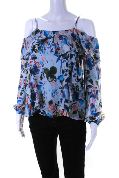 Tanya Taylor Womens Silk Floral Print Long Sleeve Ruffle Blouse Blue Size 2