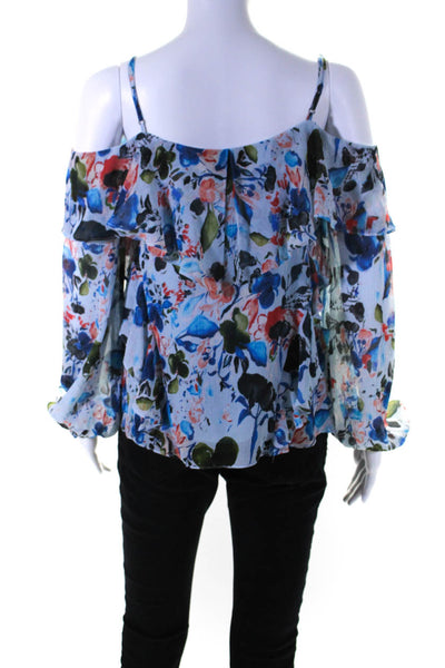 Tanya Taylor Womens Silk Floral Print Long Sleeve Ruffle Blouse Blue Size 2