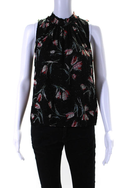 Rebecca Taylor Womens Silk Floral Print Textured High Neck Blouse Black Size 0