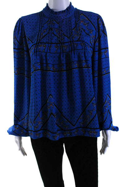 Maison d' AMelie Womens Paisley Print Ruffled Neckline Blouse Top Blue Size XL