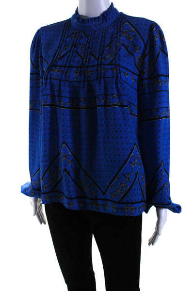 Maison d' AMelie Womens Paisley Print Ruffled Neckline Blouse Top Blue Size XL