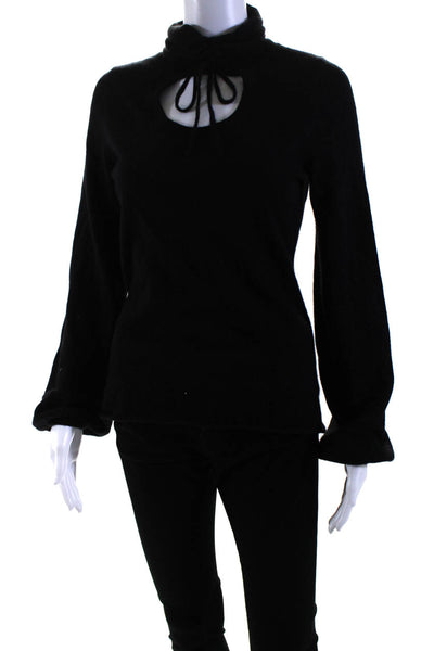 Prive Womens Cashmere Ruched Keyhole Tied Turtleneck Sweater Top Black Size S