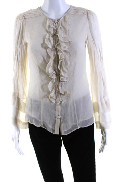 Nanette Lepore Womens Silk Ruffled Round Neck Buttoned Blouse Top Tan Size 2