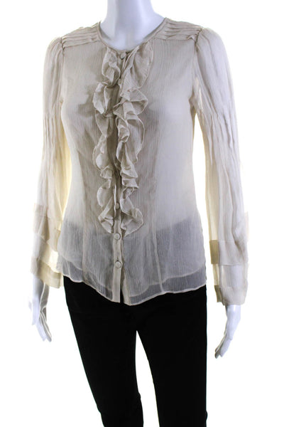 Nanette Lepore Womens Silk Ruffled Round Neck Buttoned Blouse Top Tan Size 2