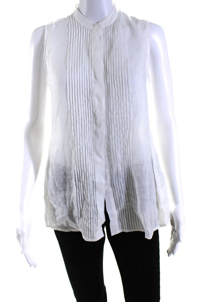 Theory Womens Linen Pleated Buttoned Sleeveless Round Neck Blouse White Size P