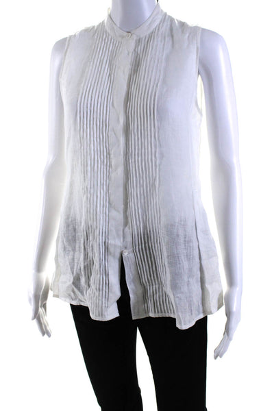 Theory Womens Linen Pleated Buttoned Sleeveless Round Neck Blouse White Size P