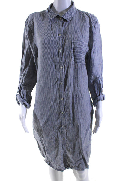 Tahari Womens Linen Striped Print Button Collared Long Sleeve Dress Blue Size XL