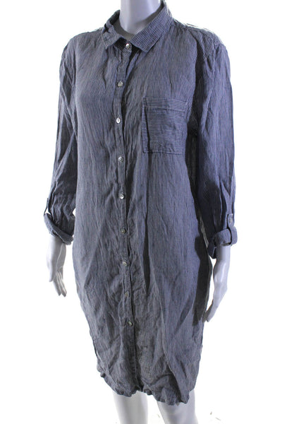 Tahari Womens Linen Striped Print Button Collared Long Sleeve Dress Blue Size XL