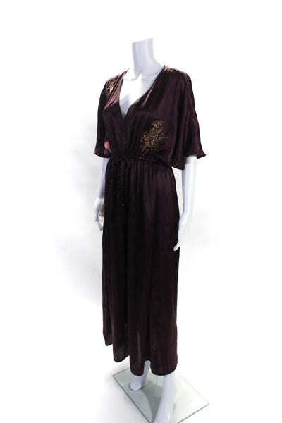 World Market Womens Metallic Embroidered Satin V Neck Midi Dress Purple Size S/M