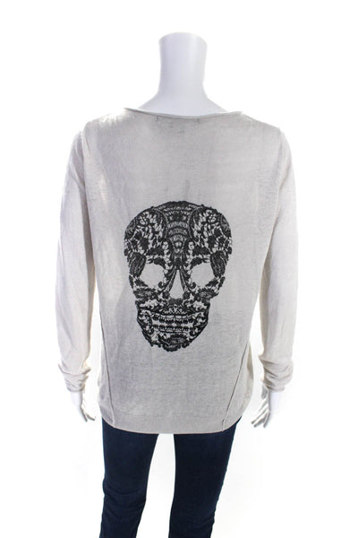 Skull Cashmere Womens Linen Scoop Neck Graphic Knit Top Gray Size XS