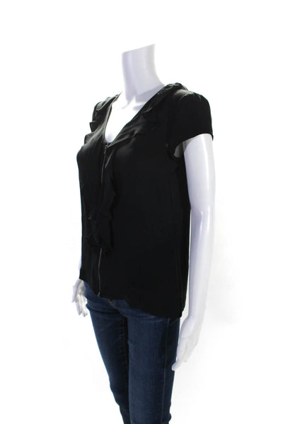 Theory Womens Silk Scoop Neck Front Zip Ruffle Blouse Black Size P