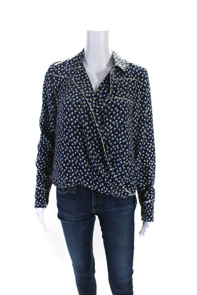 Veronica Beard Womens Silk Floral Print V Neck Blouse Blue Size 2