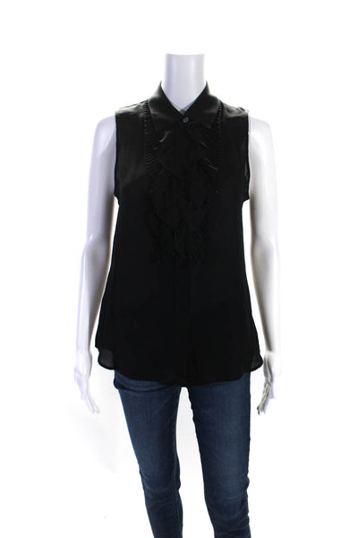 Theory Womens Silk Sleeveless Collared Pleated Ruffle Trim Blouse Black Size 8