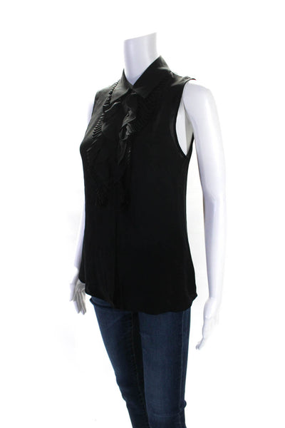 Theory Womens Silk Sleeveless Collared Pleated Ruffle Trim Blouse Black Size 8