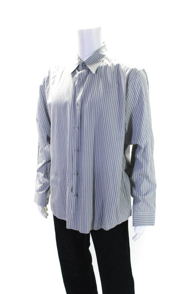 Theory Mens Cotton Striped Print Long Sleeve Button Down Shirt Gray Sz 2XL