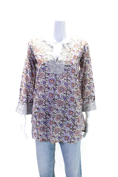 Roberta Roller Rabbit Womens Cotton Floral Print Tunic Blouse Multicolor Size XS