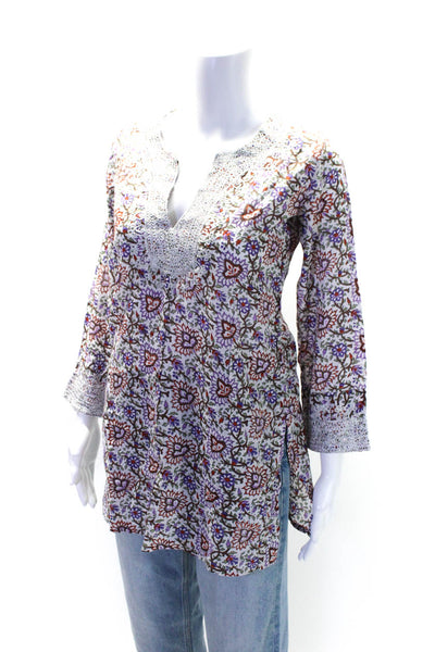 Roberta Roller Rabbit Womens Cotton Floral Print Tunic Blouse Multicolor Size XS