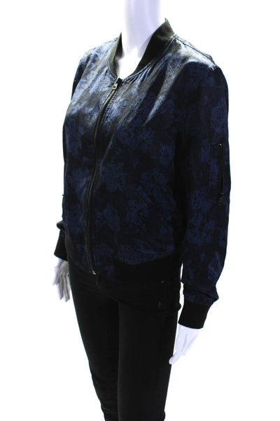 Silence And Noise Womens Abstract Print Long Sleeve Bomber Jacket Blue Size XS