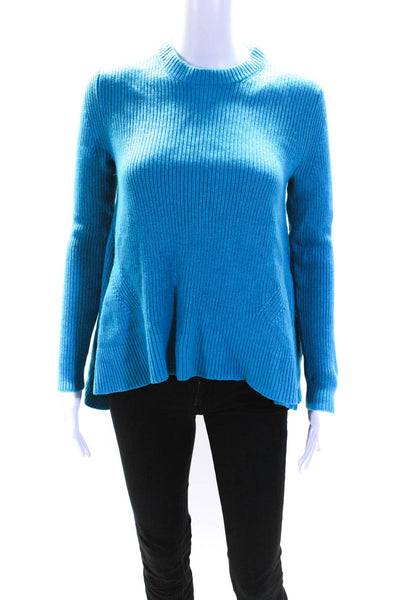 Proenza Schouler Womens Wool Thick Knit Flared Hem Crewneck Sweater Blue Size XS