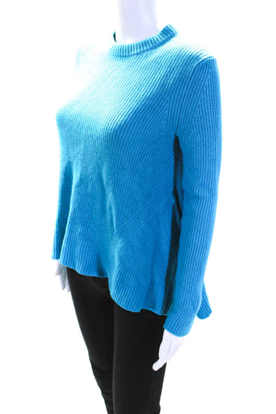 Proenza Schouler Womens Wool Thick Knit Flared Hem Crewneck Sweater Blue Size XS