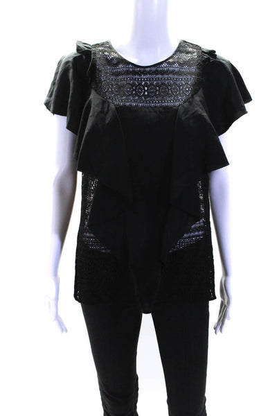 Marissa Webb Womens Georgette Ruffled Trim Short Sleeve Blouse Top Black Size M