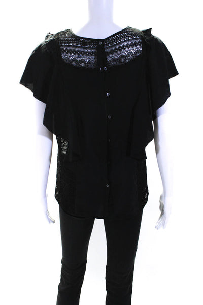 Marissa Webb Womens Georgette Ruffled Trim Short Sleeve Blouse Top Black Size M