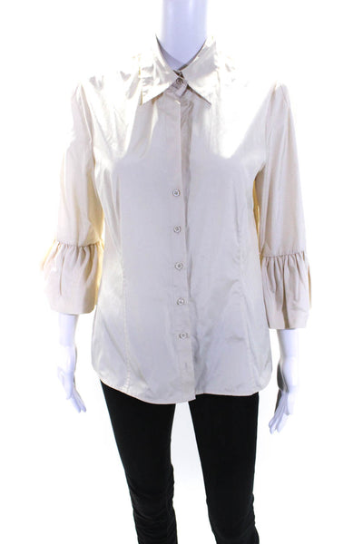 BCBGMAXAZRIA Womens 3/4 Flounce Sleeve Collared Button Down Shirt Beige Size M