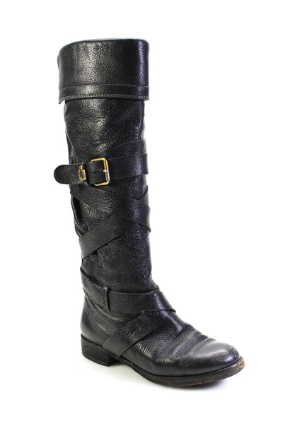 Chloe Womens Black Leather Buckle Criss Cross Knee High Boots Shoes Size 6