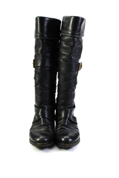 Chloe Womens Black Leather Buckle Criss Cross Knee High Boots Shoes Size 6