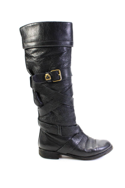 Chloe Womens Black Leather Buckle Criss Cross Knee High Boots Shoes Size 6