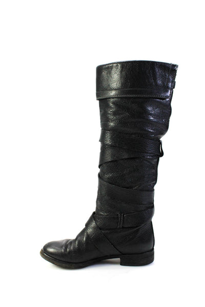 Chloe Womens Black Leather Buckle Criss Cross Knee High Boots Shoes Size 6