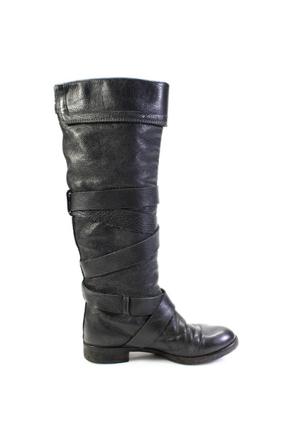 Chloe Womens Black Leather Buckle Criss Cross Knee High Boots Shoes Size 6