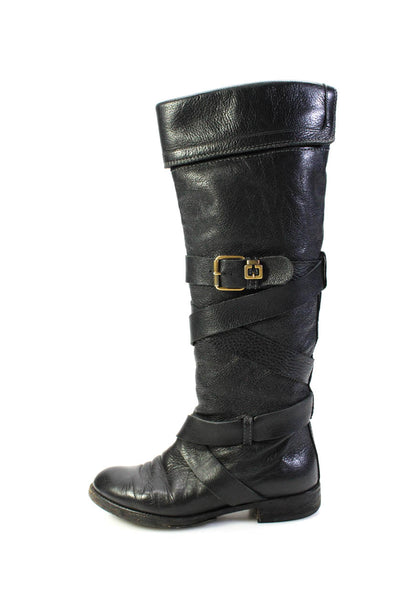 Chloe Womens Black Leather Buckle Criss Cross Knee High Boots Shoes Size 6